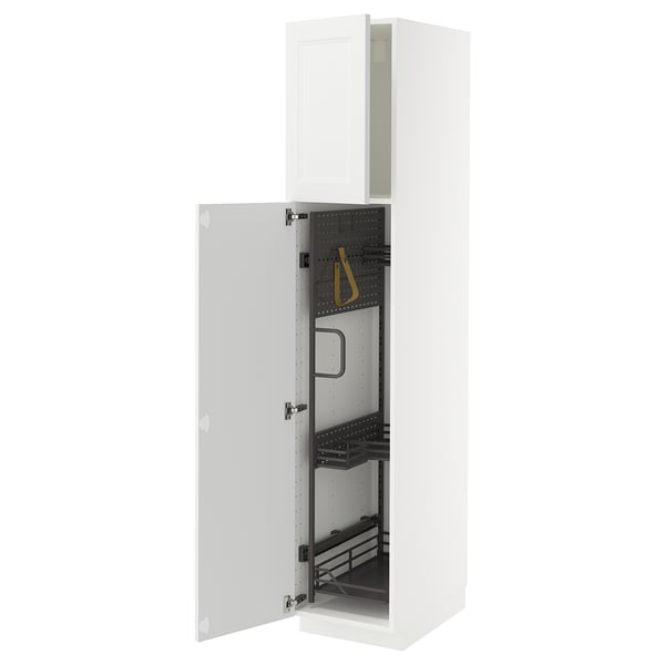 White METOD kitchen cabinet with pull-out organizers.