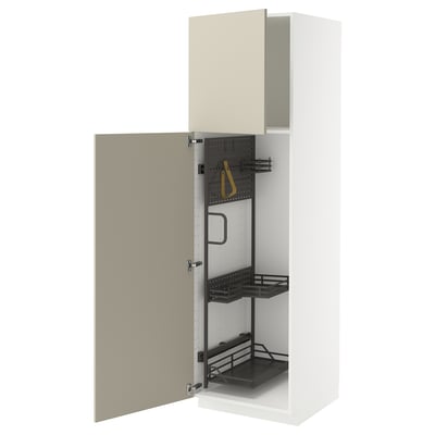 A beige METOD kitchen cabinet with storage organisers. White exterior, open doors revealing metal shelving and accessories.