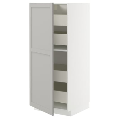 White METOD kitchen cabinet, light gray with adjustable shelves, opened.