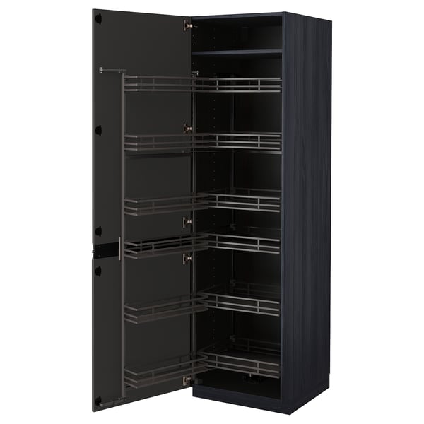 Modern black kitchen cabinet with pull-out shelves. Tall, rectangular design for spacious storage.