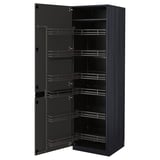 Modern black kitchen cabinet with pull-out shelves. Tall, rectangular design for spacious storage.