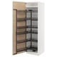 A white METOD cabinet with an open door, light ash wood pattern, and black pull-out shelves.
