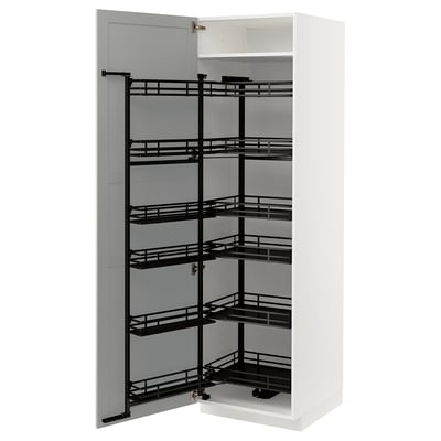 A white METOD kitchen cabinet with black pull-out shelves. It has a sleek, modern design.