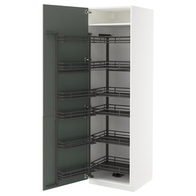 White kitchen cabinet with green door, pull-out shelves.