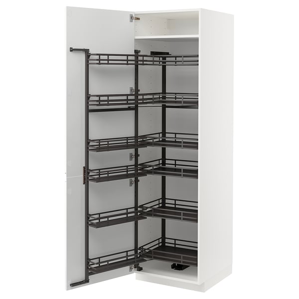 A white ikea METOD kitchen cabinet with multiple pull-out shelves, designed for organized storage.