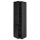 Dark wood standing cabinet, tall with two opened doors revealing inner shelves, sleek design with modern finish.