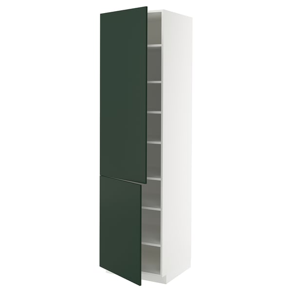 Modern tall kitchen cabinet with dark green doors and white frame.