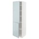 A white high cabinet with gray-blue high-gloss doors, part of the METOD kitchen system. It has two open doors revealing adjustable shelves inside.