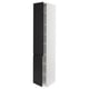 Black and white tall cabinet with two openable doors and shelves inside.