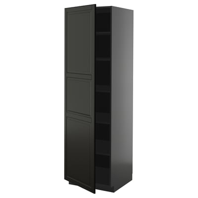 Tall black kitchen cabinet with three shelves, sleek design, modern beveled edges.
