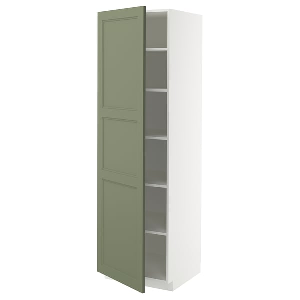 METOD kitchen cabinet in gray-green with adjustable shelves. Tall, rectangular shape with green door and white frame.