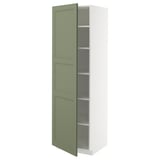 METOD kitchen cabinet in gray-green with adjustable shelves. Tall, rectangular shape with green door and white frame.