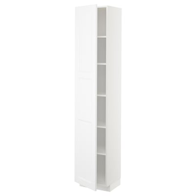 A white METOD tall kitchen cabinet with adjustable shelves and a hinged door. It a sleek, modern design with a high gloss finish.