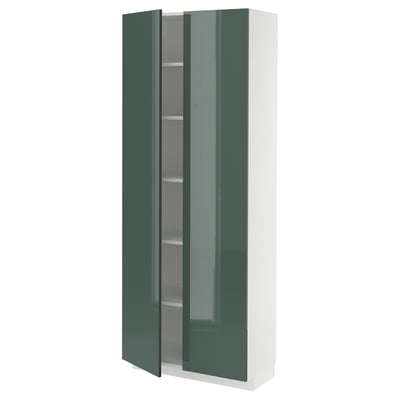 Modern green METOD cabinet with two glass doors and multiple shelves.