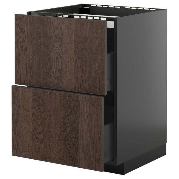 Dark wood METOD kitchen cabinet with slow-close drawers.