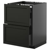 Black METOD kitchen unit with two beveled drawer fronts, sleek design, sturdy frame.