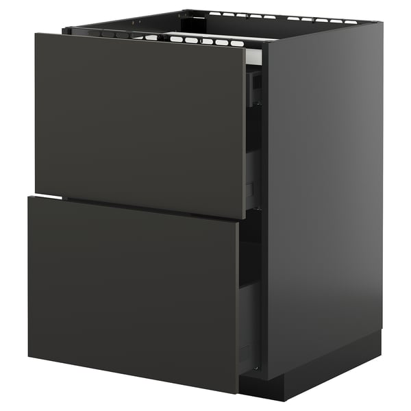 Black METOD kitchen cabinet with two drawers, glossy finish, particleboard construction, self-closing drawers.