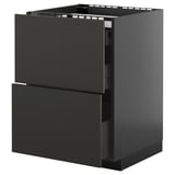 Black METOD kitchen cabinet with two drawers, glossy finish, particleboard construction, self-closing drawers.