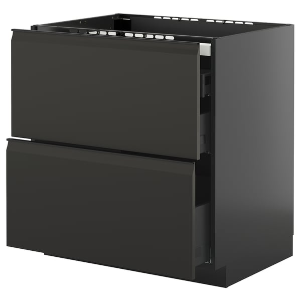 Modern black METOD kitchen cabinet with drawers and sleek design.