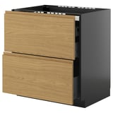 Wooden-fronted kitchen cabinet with two drawers, black sides, modern minimalist design.