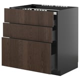 Modern dark brown wood cabinet with three open drawers and sleek black sides.