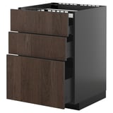 Modern gray kitchen cabinet with dark brown wood drawers; three drawers, fully extendable, sleek design.