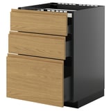 Modern kitchen unit with three wooden drawers and black base. Practical and stylish with minimalist design.