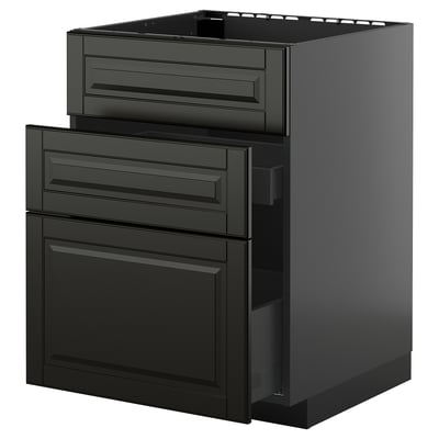 Modern black kitchen unit with sleek, beveled edges and multiple drawers.