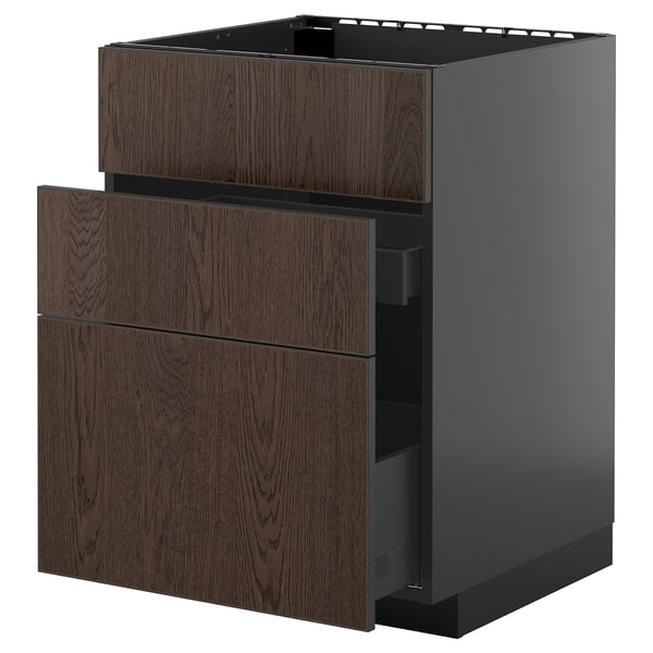 Modern dark wood cabinet, open drawer; part of ikeas METOD kitchen series.