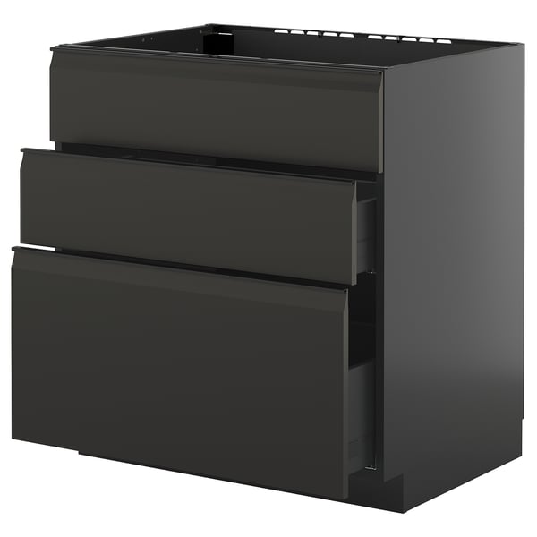 Black kitchen unit: METOD, glossy finish, rectangular with three drawers and smooth handles.