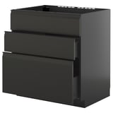 Black kitchen unit: METOD, glossy finish, rectangular with three drawers and smooth handles.