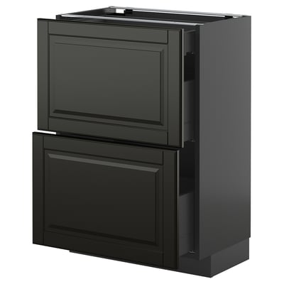 An ikea METOD kitchen unit in black with bevelled edges. It multiple drawers and cupboards for storage.