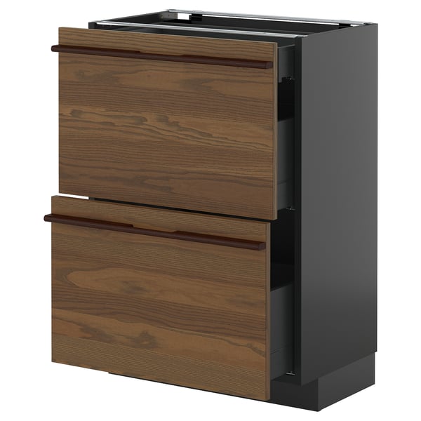 Wooden drawers with metal runners, grey cabinet frame, modern design.