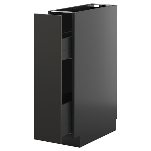 Modern black kitchen cabinet, sleek design with open compartments, part of METOD system.