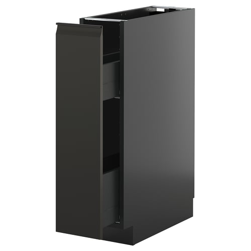 Black modern kitchen cabinet with open drawer, sleek matte finish.