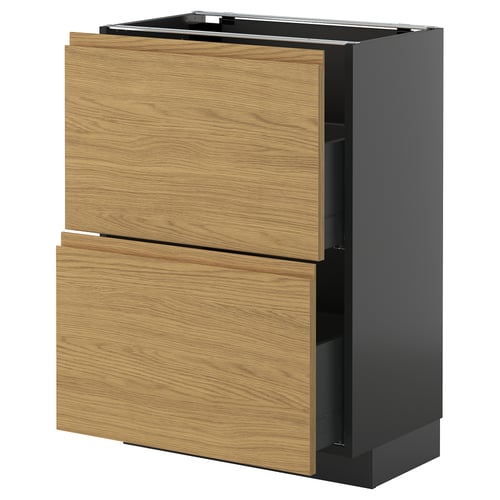 Ikea METOD kitchen cabinet in black & oak, minimalist design with two drawers.