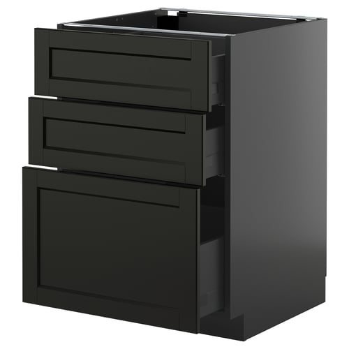 Black stained wooden kitchen cabinet with three drawers.