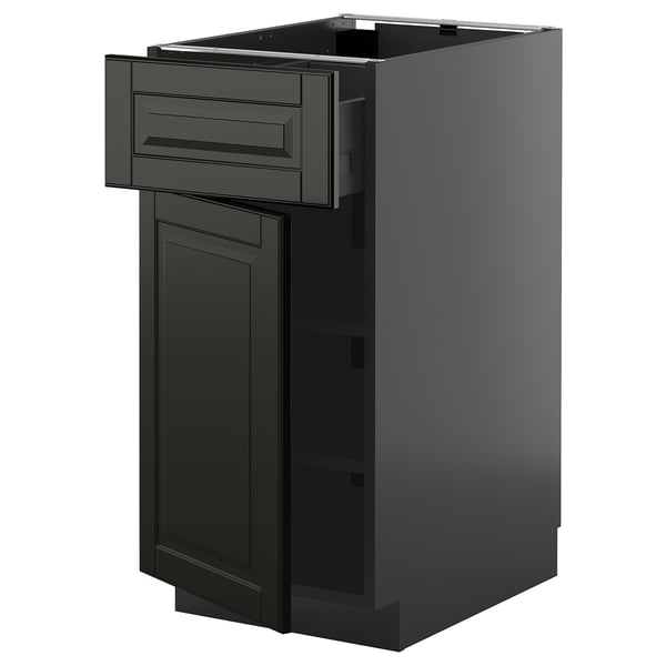 Modern dark grey kitchen cabinet with beveled edges and single drawer.