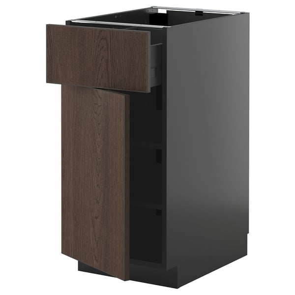 A modern kitchen cabinet with a dark brown wooden drawer and door, featuring a sleek, minimalist design.