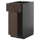 A modern kitchen cabinet with a dark brown wooden drawer and door, featuring a sleek, minimalist design.