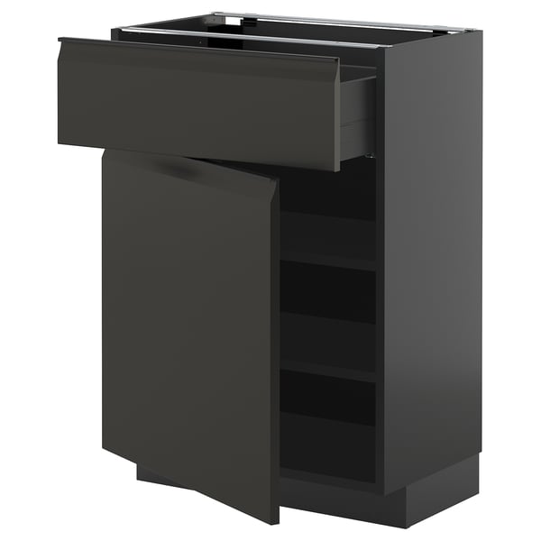 Black matod kitchen cabinet with modern, sleek design. One large self-closing drawer, adjustable shelves.