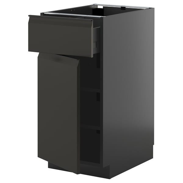 Modern black kitchen cabinet with drawers, sleek design, matte finish, medium size.