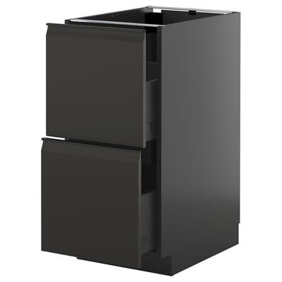 Black modern kitchen cabinet with two drawers, sleek design, glossy finish.