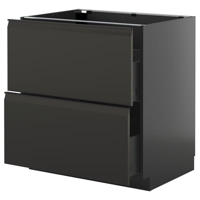 Modern black kitchen cabinet with sleek, handle-less drawers.