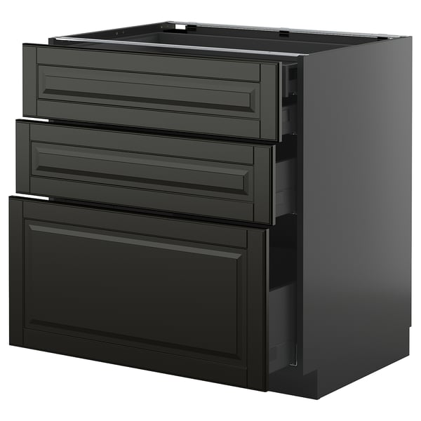 This image displays a black METOD kitchen cabinet with three drawers and a single door, featuring modern design with beveled edges.