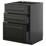 This image shows a black METOD kitchen cabinet with three drawers. The modern design sleek, beveled edges and soft-close mechanism.
