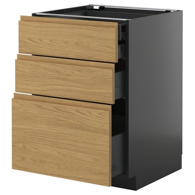 Modern kitchen unit with three wooden drawers in light oak, dark grey body, minimalist style.