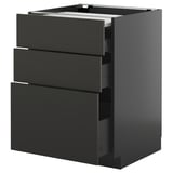Modern black kitchen cabinet with three drawers, sleek design, sturdy black steel frame, self-closing drawers.
