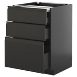 Modern black kitchen cabinet with three drawers, sleek design.