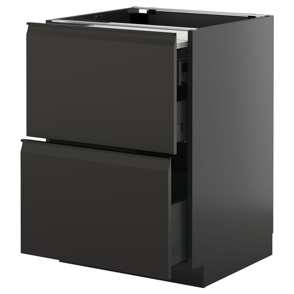 Modern black kitchen cabinet with two open drawers, sleek and sturdy design.
